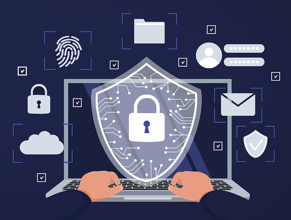  A cybersecurity illustration featuring a laptop with a prominent shield and padlock, surrounded by checkmarked icons of digital security, user data, and cloud protection.