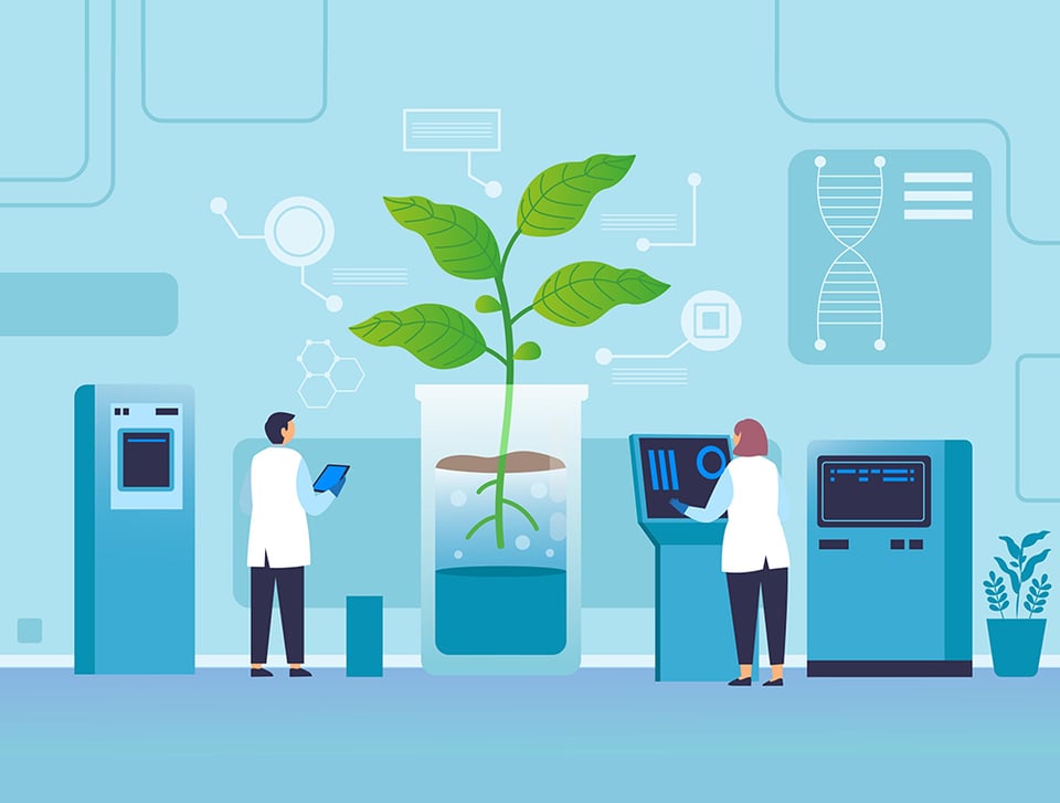 Scientists in a laboratory analyzing a large plant growing in a glass container, using digital screens and laboratory equipment, with DNA and molecular graphics in the background