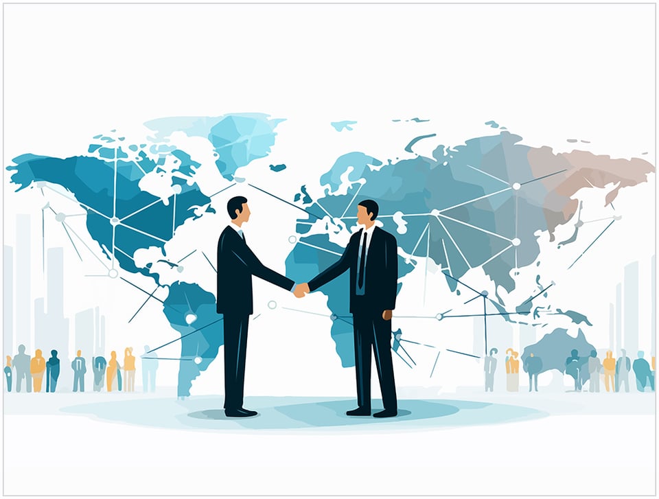 Two business professionals shaking hands in front of a global network map, symbolizing international partnership and global expansion.