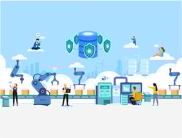  Illustration of a smart manufacturing environment with robotic arms, workers analyzing data, cloud storage protected by cybersecurity shields, and remote users connected via cloud technology