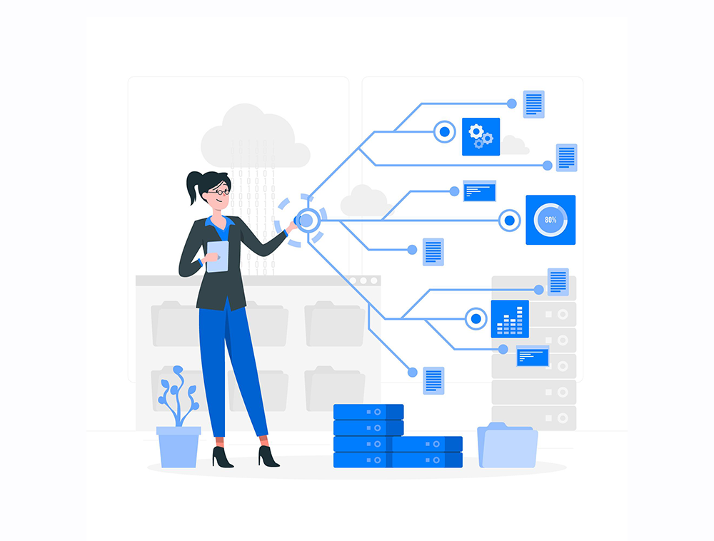 A businesswoman interacting with digital data and cloud-based systems, symbolizing IT management and data integration.