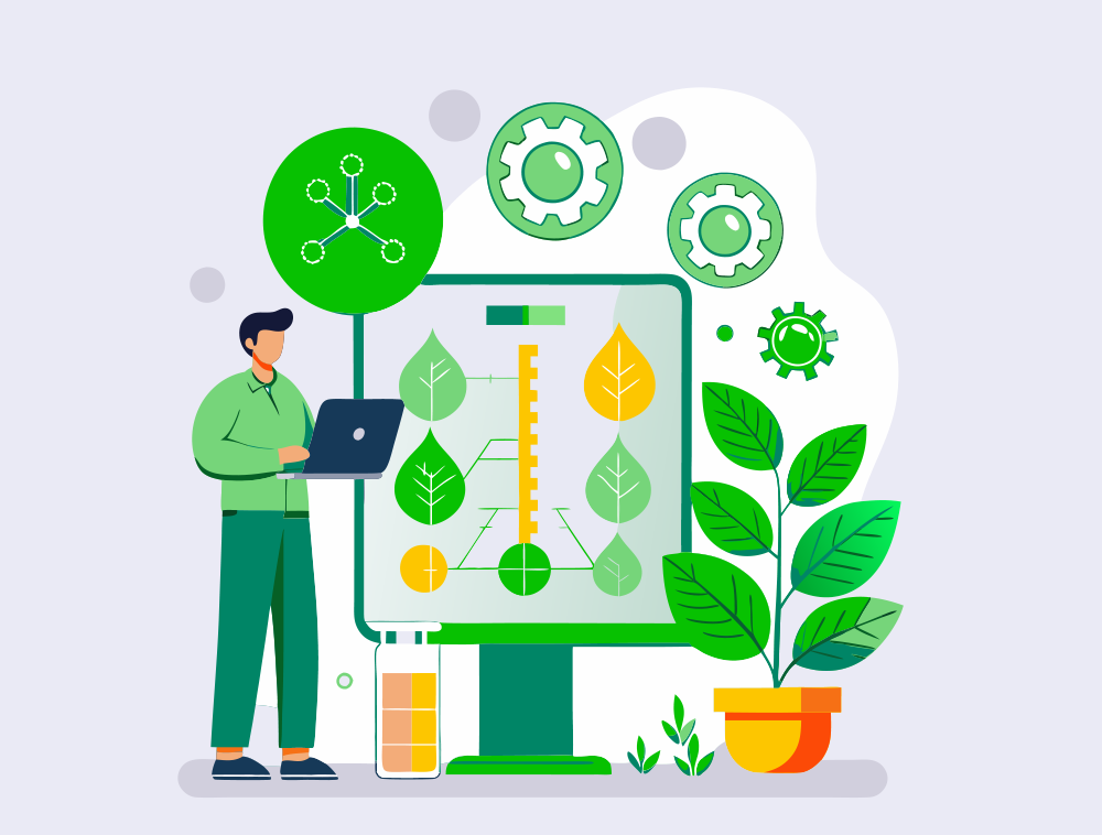 A person using a laptop to monitor plant growth on a digital dashboard. The dashboard displays leaf and gear icons representing smart farming technologies, data analysis, and automated systems. Green plants and leaves surround the setup, symbolizing sustainable agriculture and enhanced efficiency.