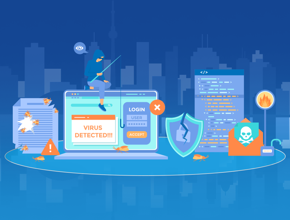 A hooded hacker phishing for login credentials, with "VIRUS DETECTED!!!" on a laptop screen, alongside a broken shield and a fiery email, against a city skyline.